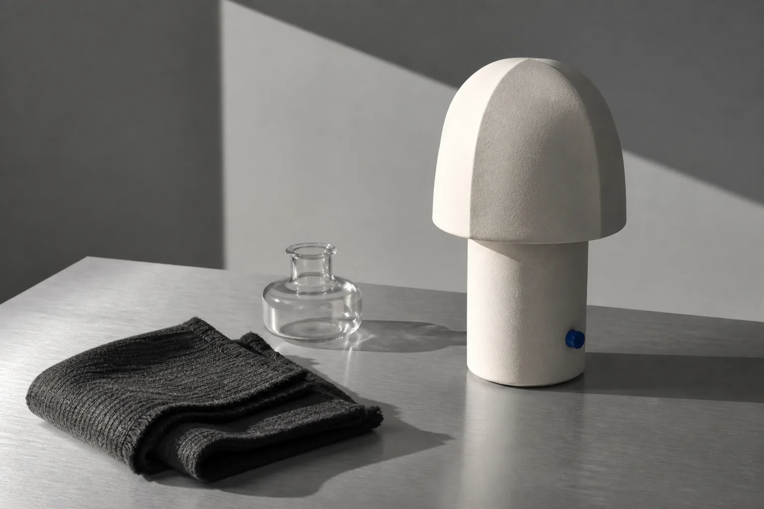 Opstilling med lampe, glas og tekstil i styret studielys