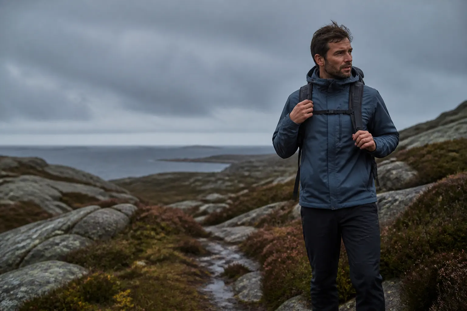 Vandrer på en klippekyst under en grå himmel